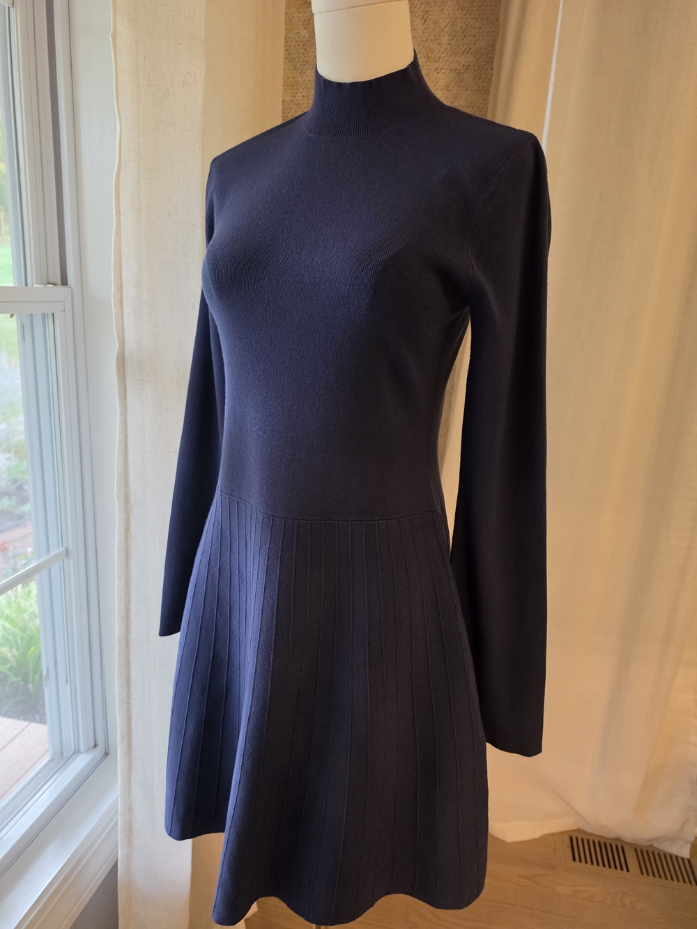 Open Edit Navy Mock Neck Pleated Sweater Mini Dress NWT M
